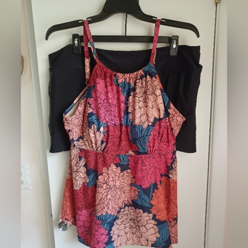 Dahlia Print Swim Top And Black Swim Skirt